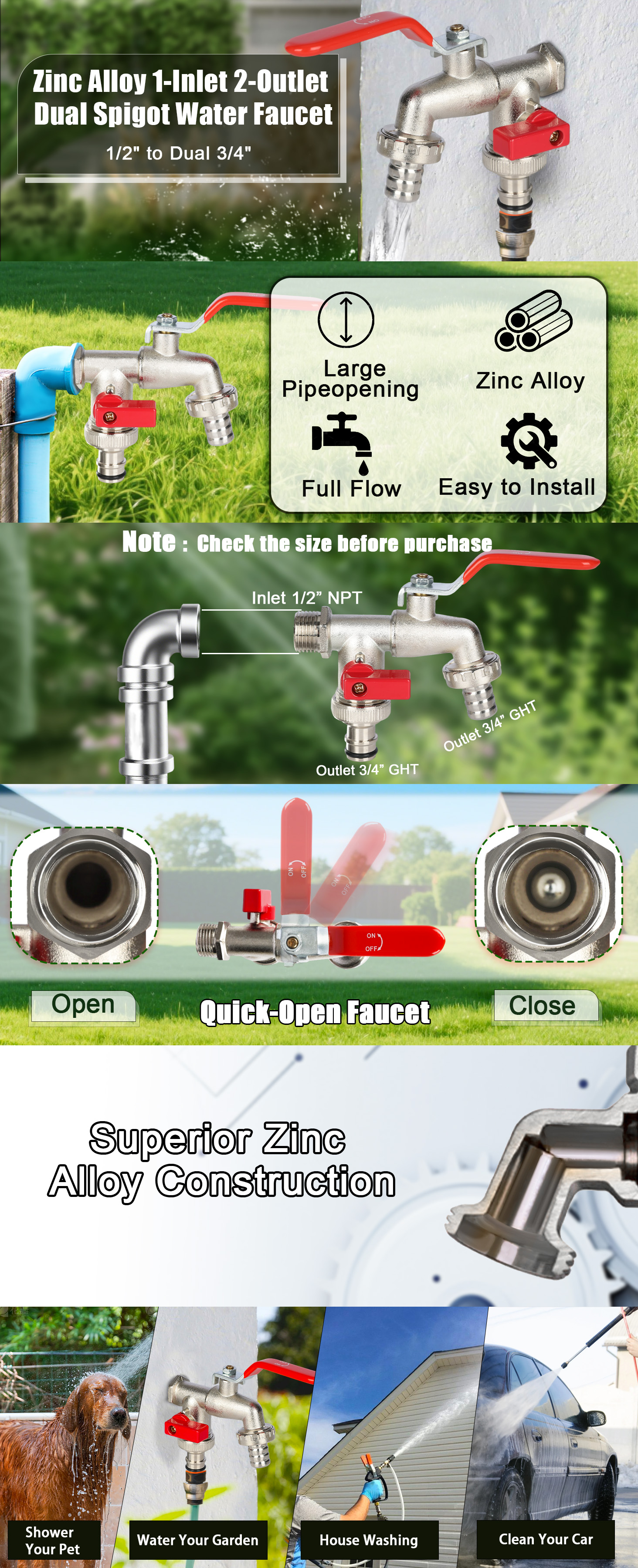 Zinc alloy water faucet with various features and uses displayed.