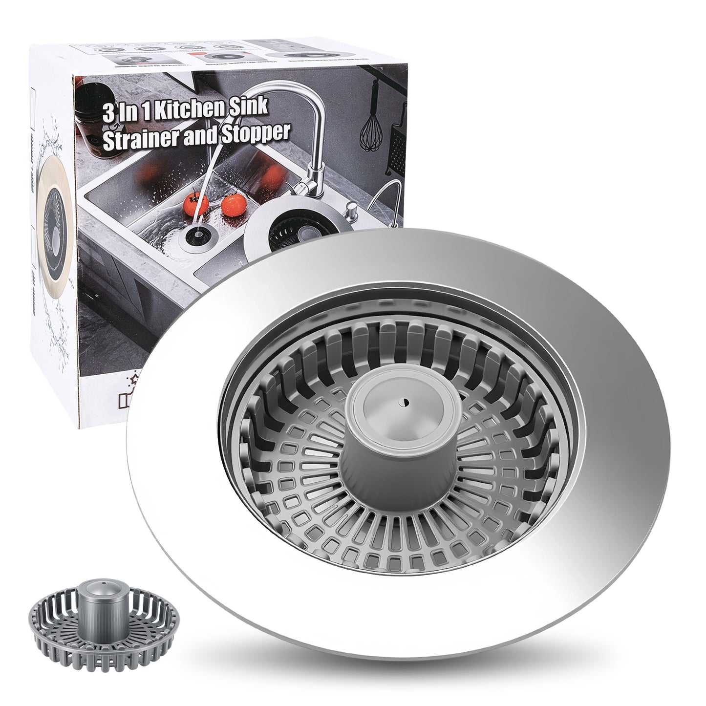 A 3-in-1 kitchen sink strainer and stopper set shown with its retail box and a small loose stopper piece on a white background. The main product is a round metallic strainer with a slotted center and a gray stopper component.