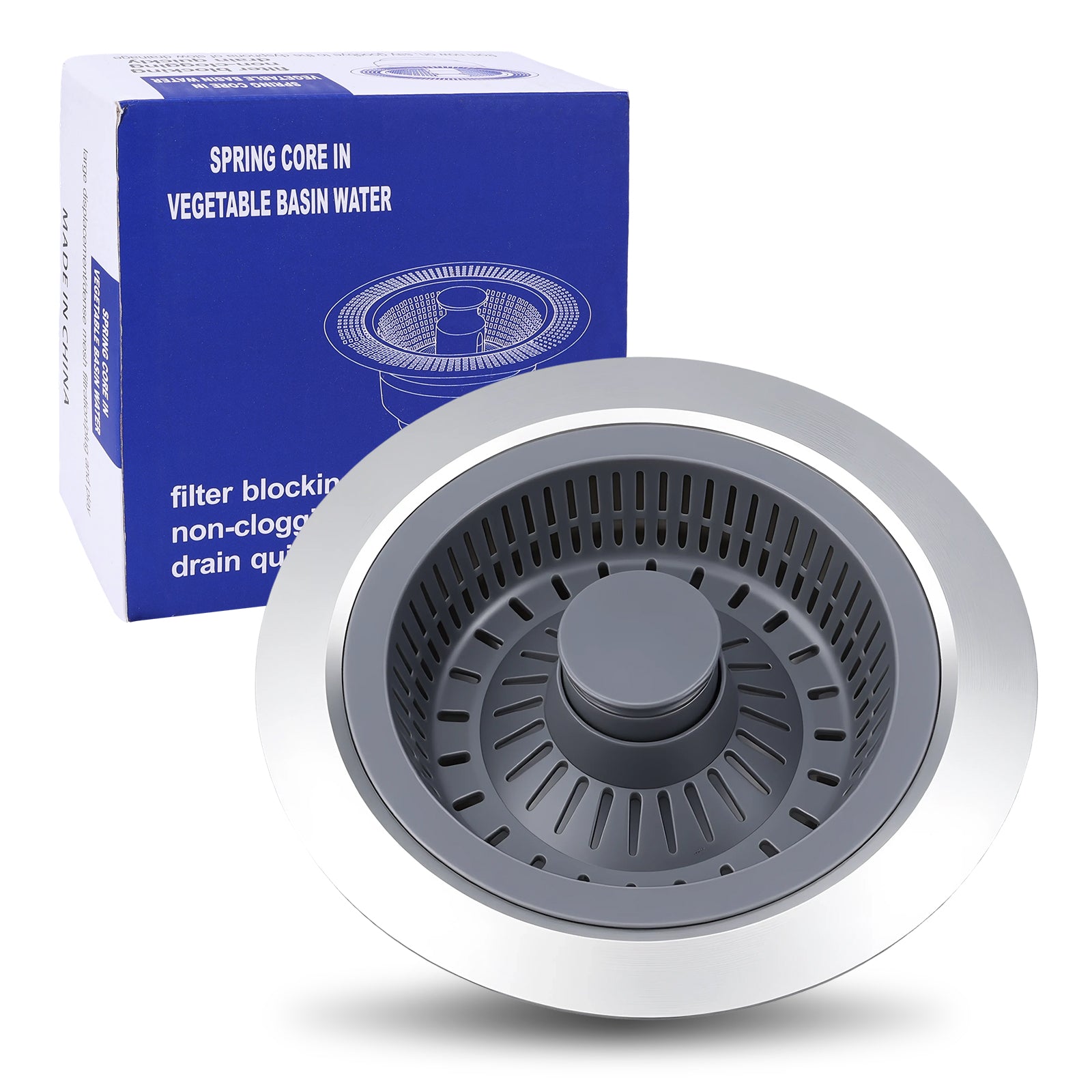A round stainless steel and gray drain filter basket shown in front of its blue retail box on a white background. The box text reads 'SPRING CORE IN VEGETABLE BASIN WATER' and 'filter blocking non-clog drain qu.
