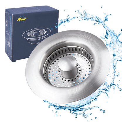 A stainless steel kitchen sink drain basket with a central plug, shown alongside its blue packaging box and surrounded by a water splash graphic on a white background.