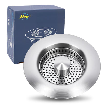 A stainless steel kitchen sink drain filter with a perforated center and circular mesh, shown in front of its blue product box with a yellow 'NEW' logo.