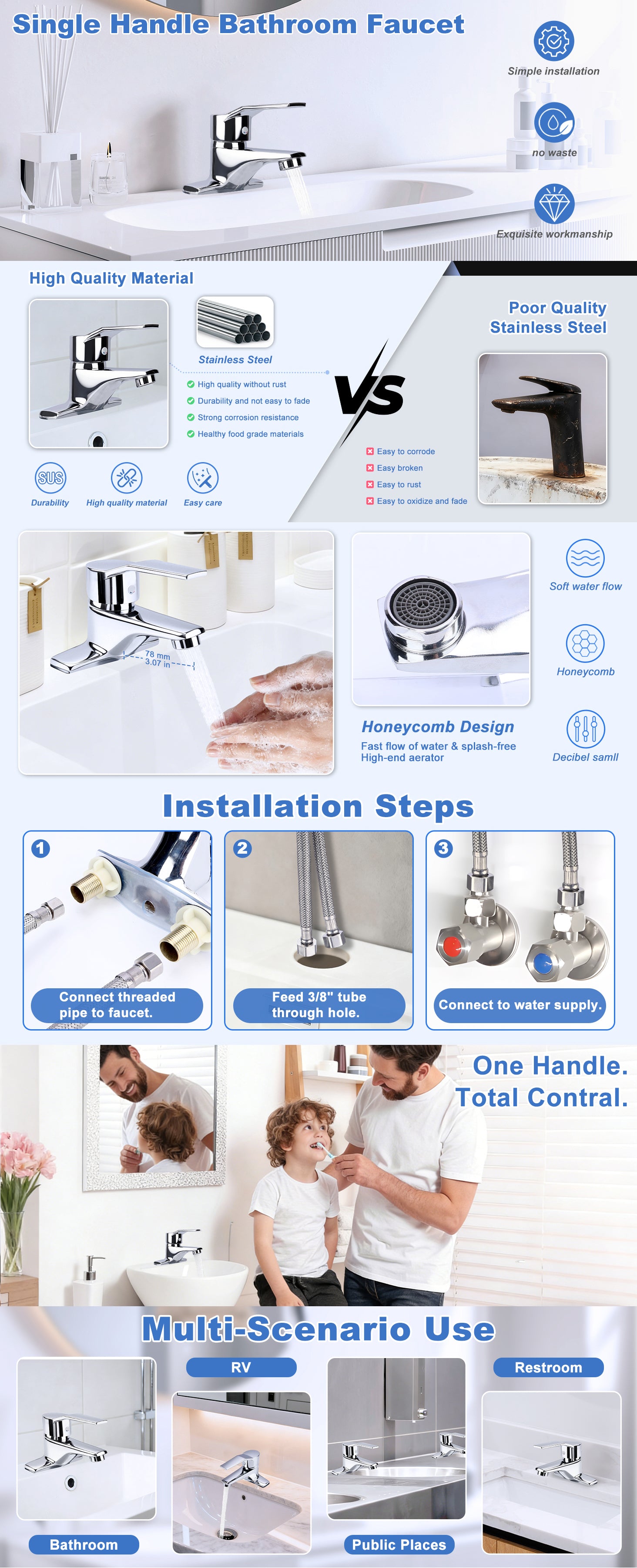 Bathroom faucet product page with installation steps and usage scenarios.