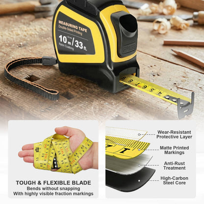 Yellow and black measuring tape on a wooden surface with features highlighted.